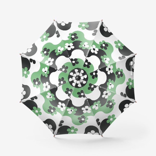 Зонт &laquo;паттерн зеленый белый черный волна и цветы ромашки орнамент&raquo;