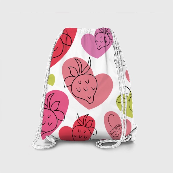Рюкзак «Клубника.Бесшовный паттерн с контурными ягодами клубники на фоне разноцветных сердечек.»