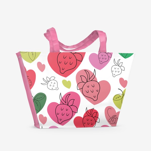 Пляжная сумка «Клубника.Бесшовный паттерн с контурными ягодами клубники на фоне разноцветных сердечек.»