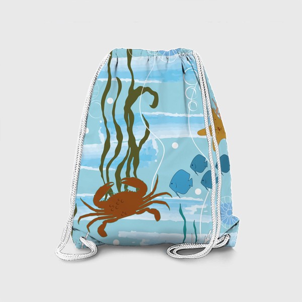 Рюкзак «Морской принт с крабами, рыбами, медузами. Летний морской паттерн.»