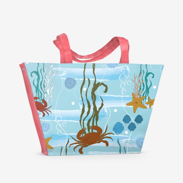Пляжная сумка «Морской принт с крабами, рыбами, медузами. Летний морской паттерн.»