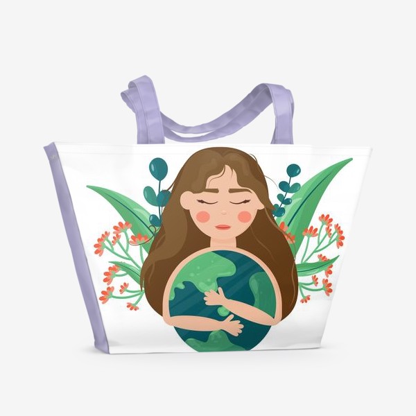 Пляжная сумка «Девушка держит в руках земной шар. »