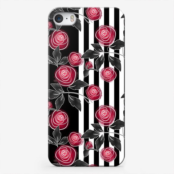 Чехол iPhone «Акварельные розы на черно-белом полосатом фоне»