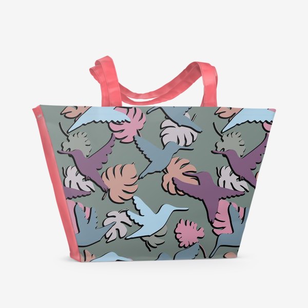 Пляжная сумка «Колибри и листья монстеры, силуэты»