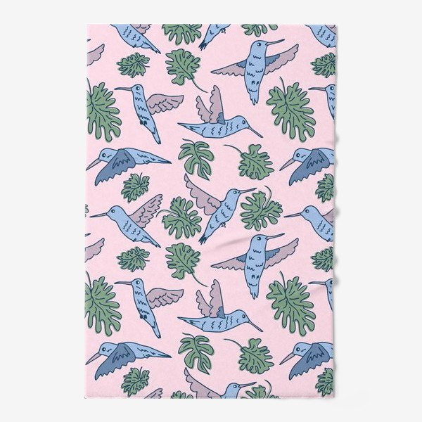 Полотенце «Голубые колибри и листья на розовом фоне»