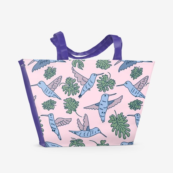 Пляжная сумка &laquo;Голубые колибри и листья на розовом фоне&raquo;