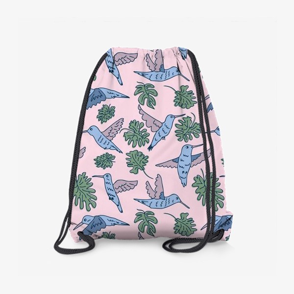 Рюкзак «Голубые колибри и листья на розовом фоне»