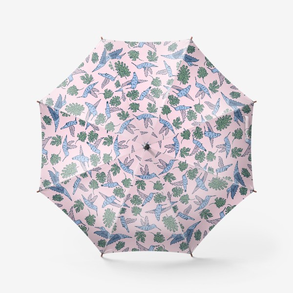 Зонт «Голубые колибри и листья на розовом фоне»