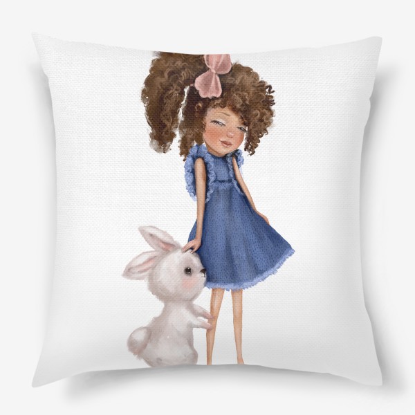 Подушка «Милая девочка с кроликом. Иллюстрация. Любовь»