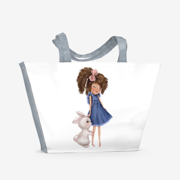 Пляжная сумка «Милая девочка с кроликом. Иллюстрация. Любовь»