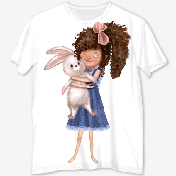 Футболка с полной запечаткой «Милая девочка с кроликом. Иллюстрация. Любовь»