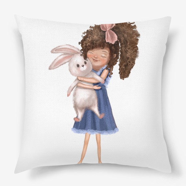 Подушка «Милая девочка с кроликом. Иллюстрация. Любовь»