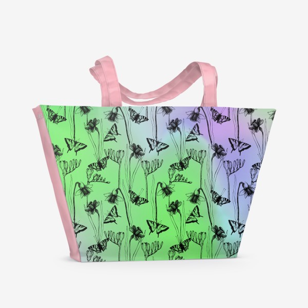 Пляжная сумка «Весенние нарциссы и бабочки на нежном зелено-голубом фоне»