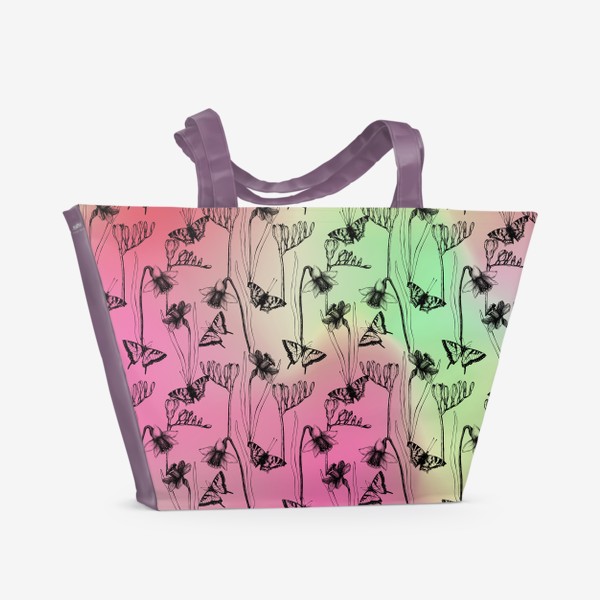 Пляжная сумка &laquo;Нарциссы и бабочки на нежном розовом-зеленом фоне&raquo;