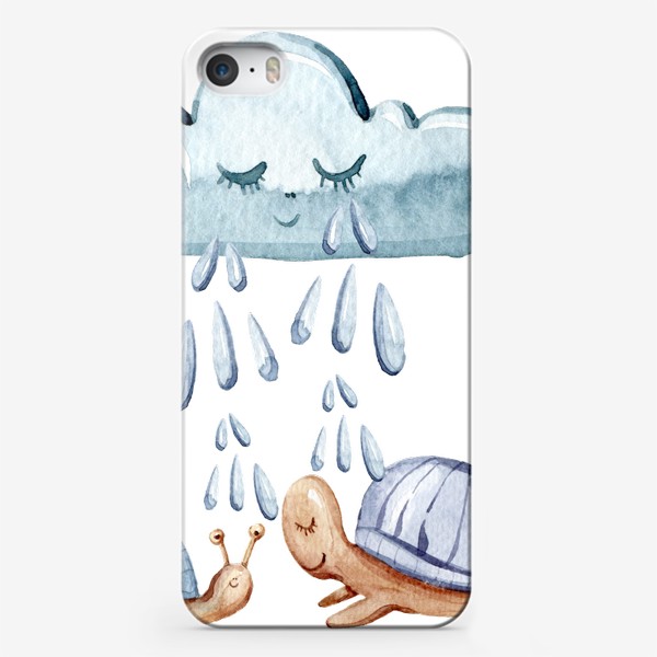 Чехол iPhone «Милый детский принт. Акварельные черепашка и улитка под дождем.»