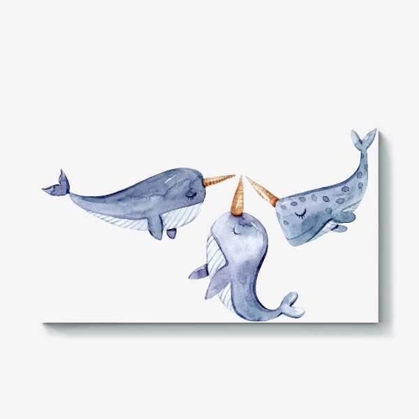 Холст «Нарвалы и киты. Акварельный детский принт. Подарок для ребенка. Милые морские животные.»
