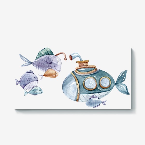 Холст &laquo;Рыбки и подводная лодка. Акварельный детский принт. Подарок для ребенка. Милые морские животные.&raquo;