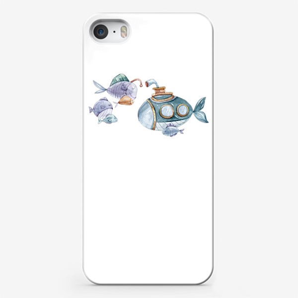 Чехол iPhone «Рыбки и подводная лодка. Акварельный детский принт. Подарок для ребенка. Милые морские животные.»