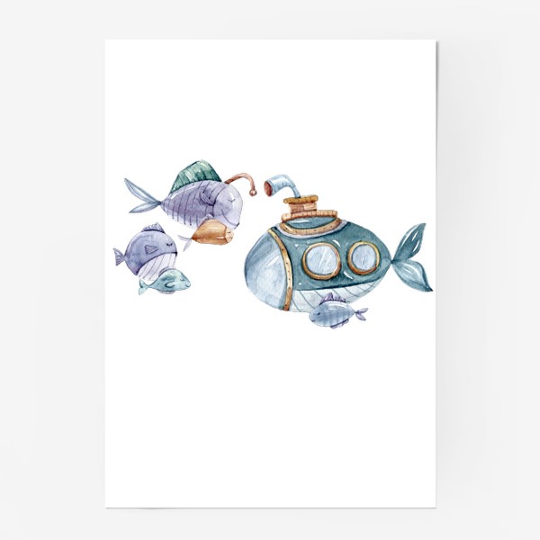 Постер «Рыбки и подводная лодка. Акварельный детский принт. Подарок для ребенка. Милые морские животные.»