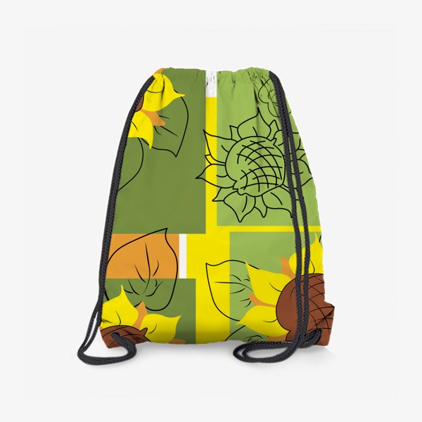 Рюкзак «Подсолнухи. Современный бесшовный паттерн с подсолнухами на фоне разноцветных квадратов.»