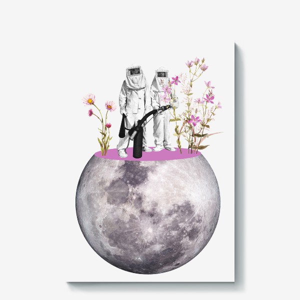 Холст «Луна. Цветочки. Люди на луне. Коллаж»