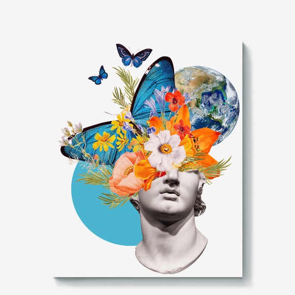 Холст «Голова. Статуя. Цветы. Бабочки. Коллаж»
