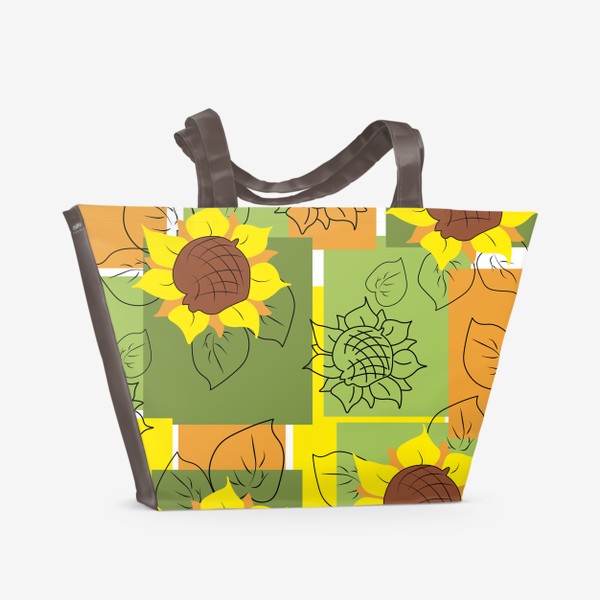 Пляжная сумка «Подсолнухи. Современный бесшовный паттерн с подсолнухами на фоне разноцветных квадратов.»