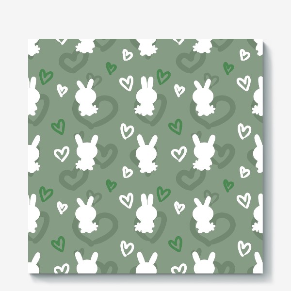 Холст «Кролики и сердечки, пасхальный зеленый»
