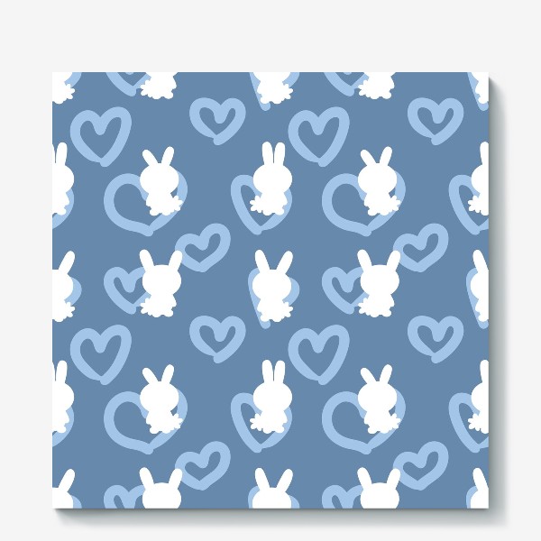 Холст «Кролики и сердечки, пасхальный голубой»