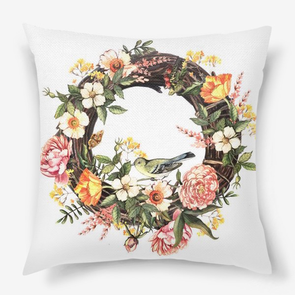Подушка «Акварельный весенний венок с птичкой и цветами»