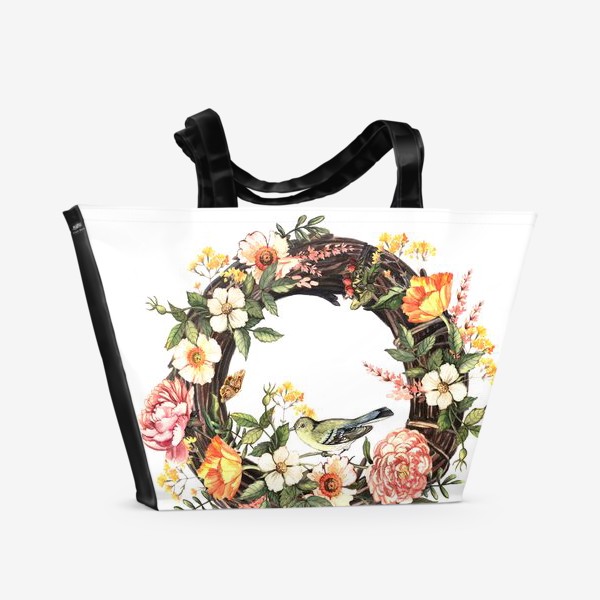 Пляжная сумка &laquo;Акварельный весенний венок с птичкой и цветами&raquo;