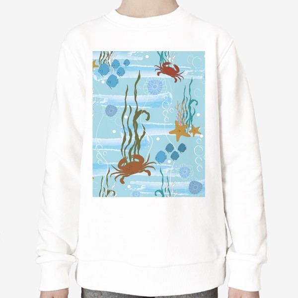 Свитшот «Морской принт с крабами, рыбами, медузами. Летний морской паттерн.»