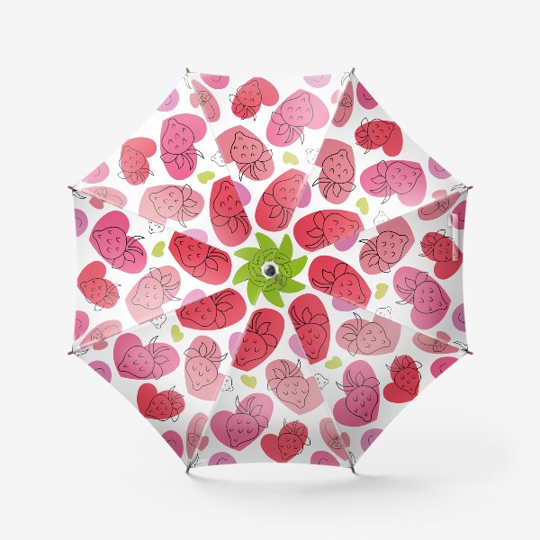 Зонт «Клубника.Бесшовный паттерн с контурными ягодами клубники на фоне разноцветных сердечек.»