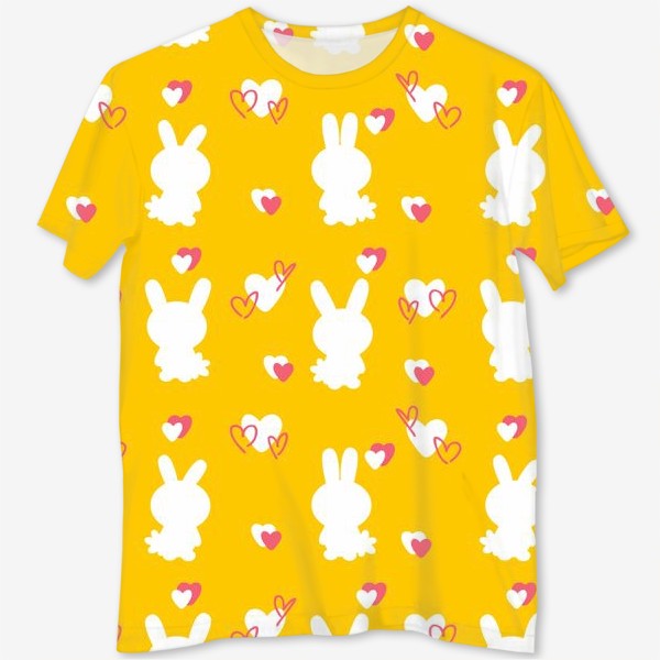 Футболка с полной запечаткой «Кролики и сердечки, пасхальный желтый»