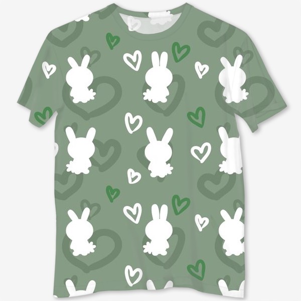 Футболка с полной запечаткой «Кролики и сердечки, пасхальный зеленый»