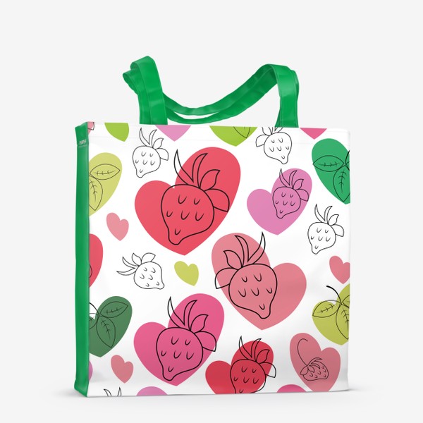 Сумка-шоппер «Клубника.Бесшовный паттерн с контурными ягодами клубники на фоне разноцветных сердечек.»