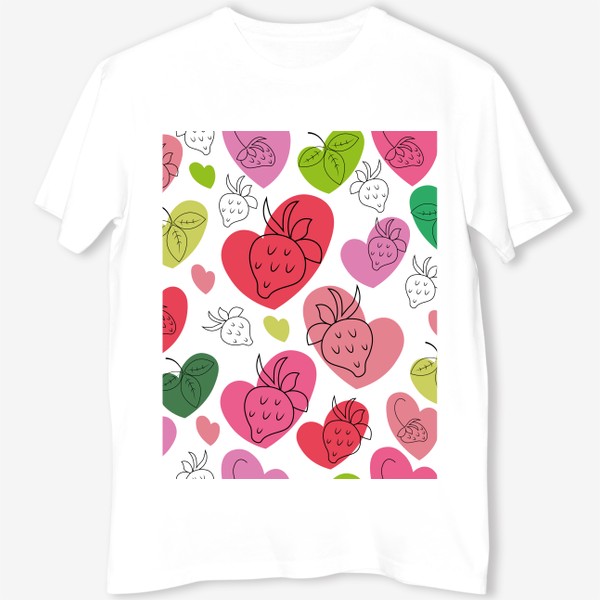 Футболка &laquo;Клубника.Бесшовный паттерн с контурными ягодами клубники на фоне разноцветных сердечек.&raquo;