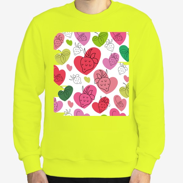 Свитшот «Клубника.Бесшовный паттерн с контурными ягодами клубники на фоне разноцветных сердечек.»