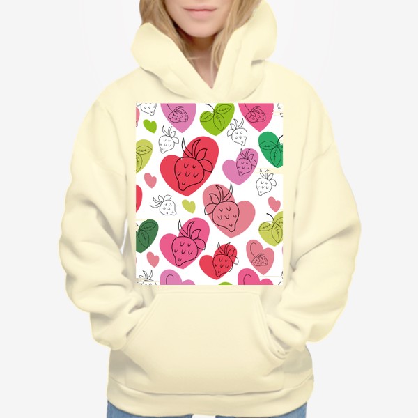 Худи «Клубника.Бесшовный паттерн с контурными ягодами клубники на фоне разноцветных сердечек.»