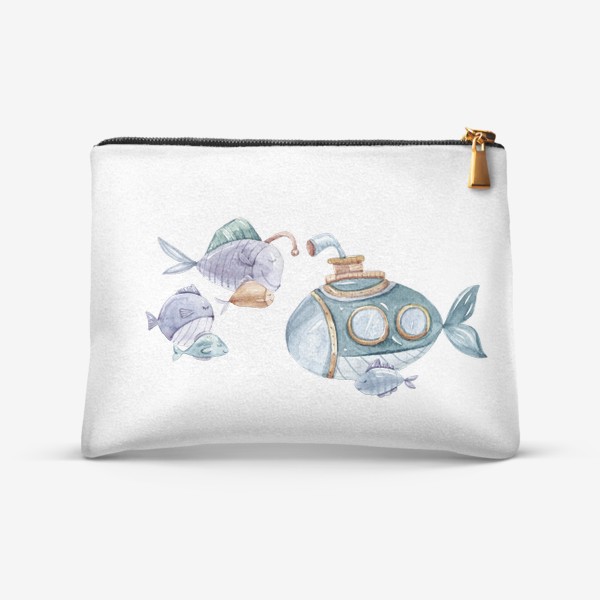 Косметичка «Рыбки и подводная лодка. Акварельный детский принт. Подарок для ребенка. Милые морские животные.»