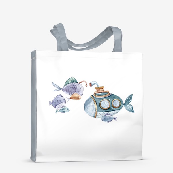 Сумка-шоппер «Рыбки и подводная лодка. Акварельный детский принт. Подарок для ребенка. Милые морские животные.»