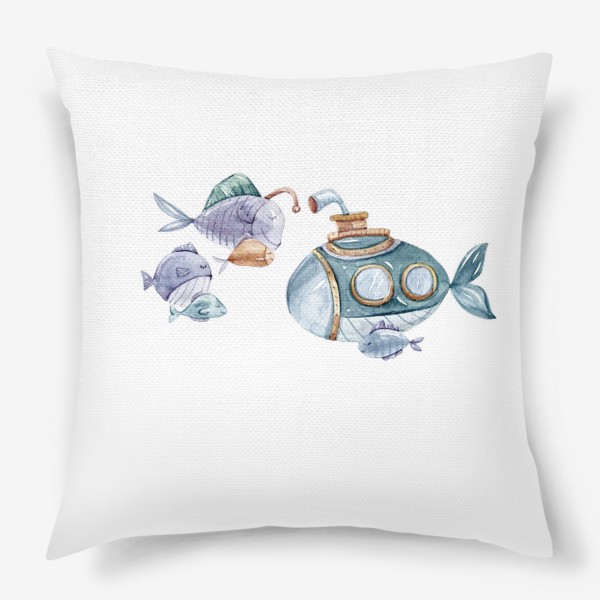 Подушка &laquo;Рыбки и подводная лодка. Акварельный детский принт. Подарок для ребенка. Милые морские животные.&raquo;
