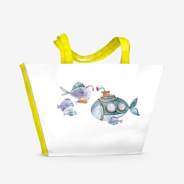 Пляжная сумка &laquo;Рыбки и подводная лодка. Акварельный детский принт. Подарок для ребенка. Милые морские животные.&raquo;