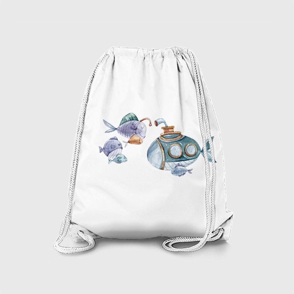 Рюкзак «Рыбки и подводная лодка. Акварельный детский принт. Подарок для ребенка. Милые морские животные.»
