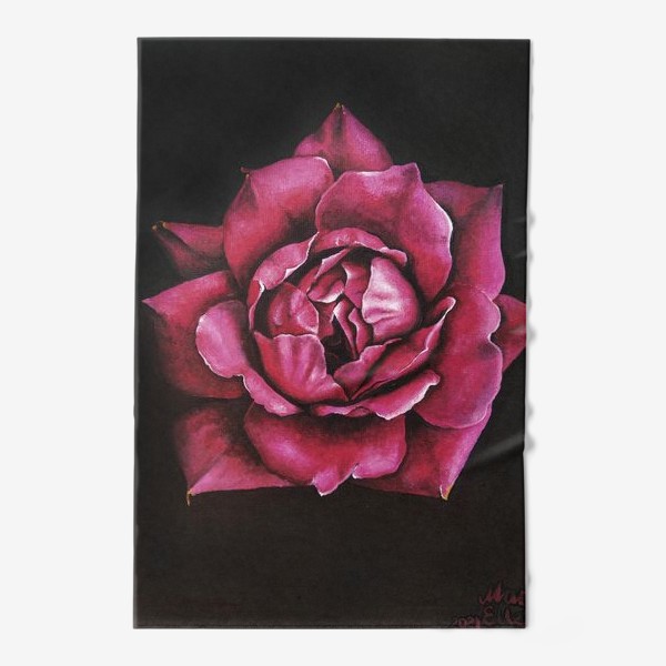 Полотенце «Алая роза крупным планом на черном фоне. Цветок. Живопись реализм»