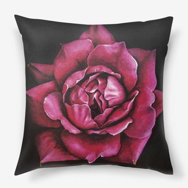 Подушка «Алая роза крупным планом на черном фоне. Цветок. Живопись реализм»