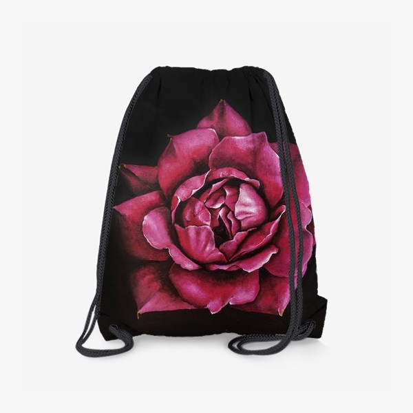Рюкзак «Алая роза крупным планом на черном фоне. Цветок. Живопись реализм»