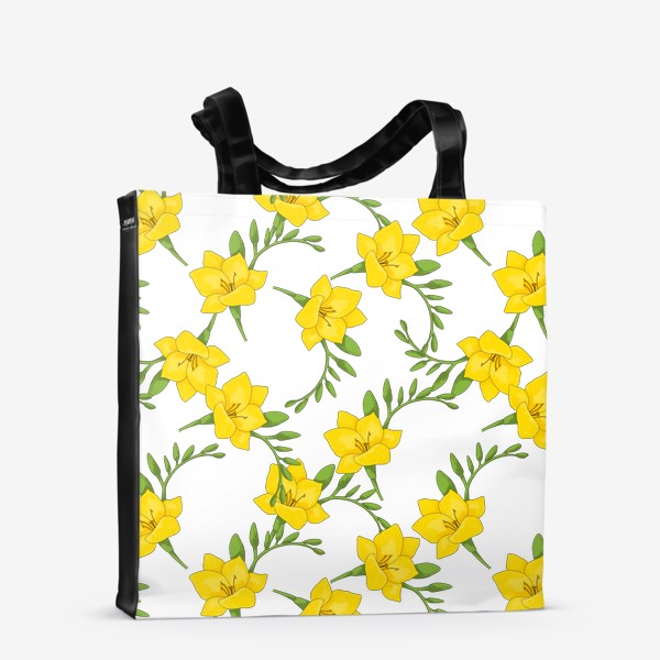 Сумка-шоппер «паттерн из цветов желтые фрезии, весенний яркий узор цветочный принт»