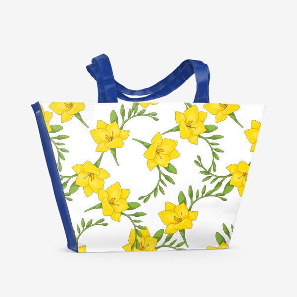 Пляжная сумка «паттерн из цветов желтые фрезии, весенний яркий узор цветочный принт»