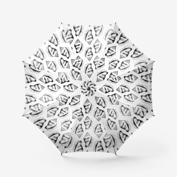 Зонт «паттерн из стилизованных морских ракушек графика скетч, черно белый узор»